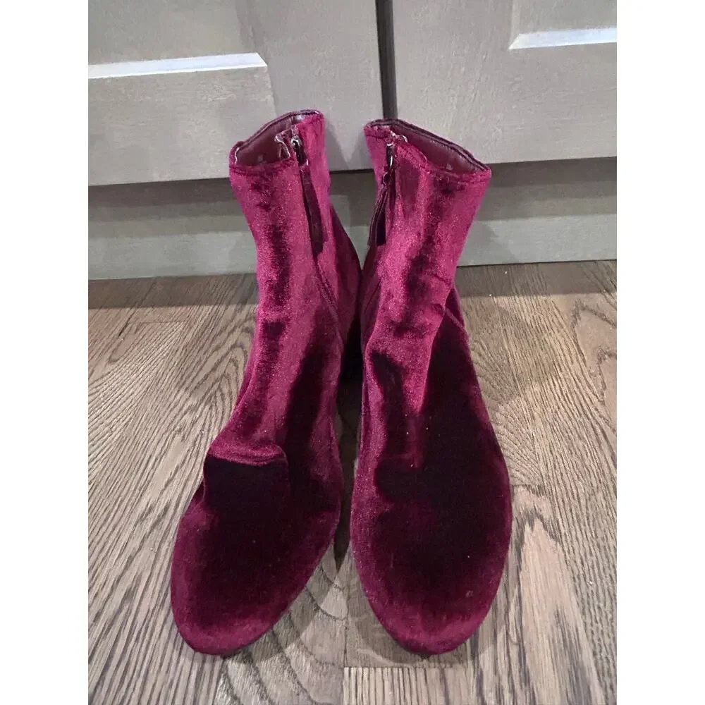 Burgundy Velvet Ankle Boots Low Block Heel Maroon Booties Fall Aesthetic 10 Cozy